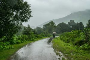Lush green coastal cliffs and grey monsoon waves at Goa beach in July