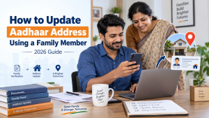Indian man updating Aadhaar address online with help from a family member using a smartphone and laptop